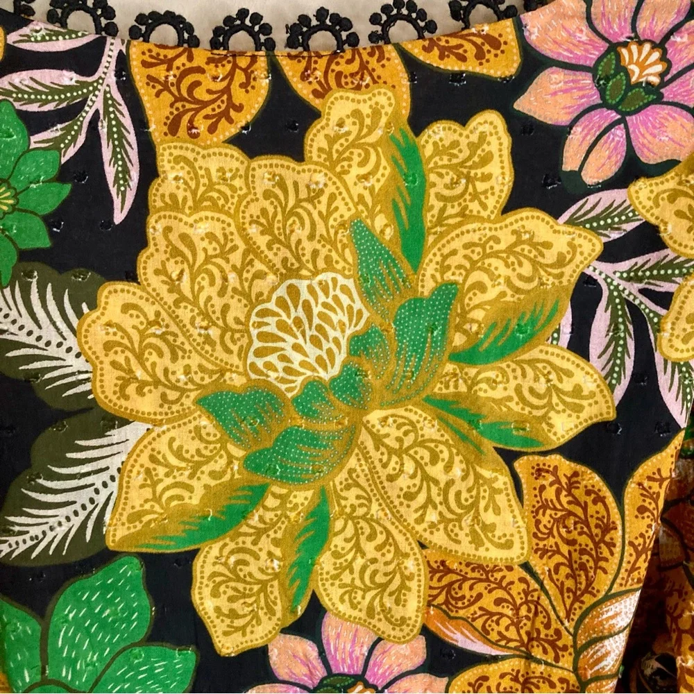 NEW Farm Rio Black Garden Puff Sleeve Blouse Tropical Floral Lace Inset Size S